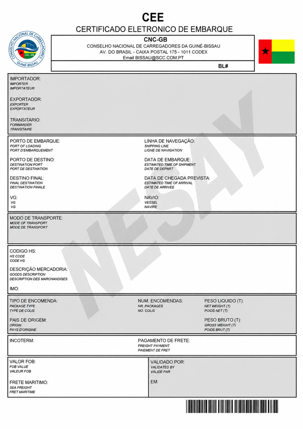 Guinea-Bissau ECTN/BESC Certificate Sample